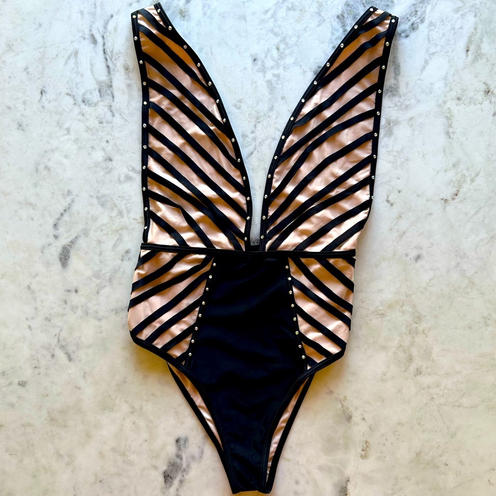 ASOS Black and Cream Striped One Piece Swimsuit